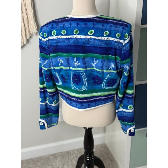 Vintage 1980s Cache Blue Floral Botanical Patchwork Open Jacket Blazer 14 - Picture 4 of 6